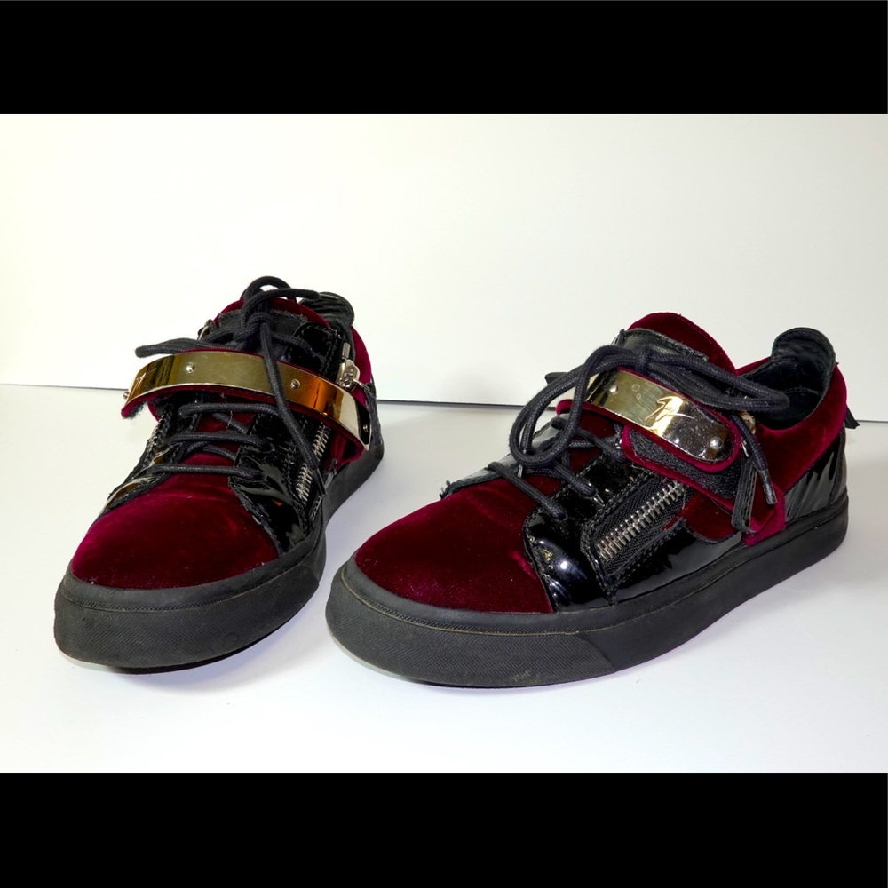 Giuseppe Zanotti Burgundy and Black Velvet Sneakers 37.5